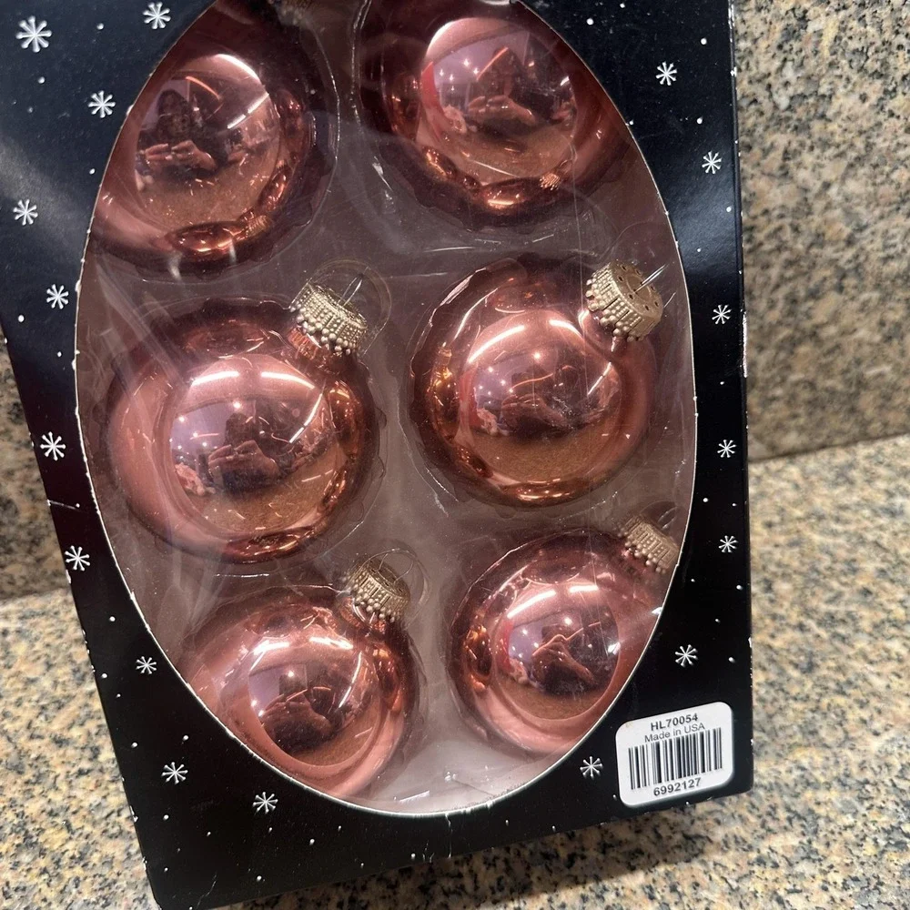 2012‎ Christmas Shoppe Bronze Rose Gold Glass Ball Ornament Set Of 6 Tree Decor